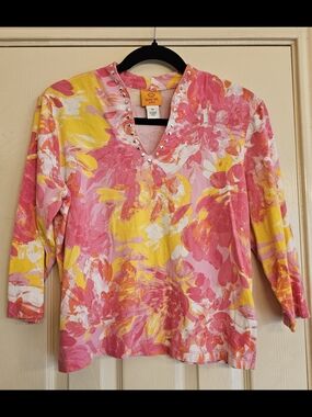 Ruby Rd. Pink & Yellow Floral V-Neck Studded Long Sleeve Top